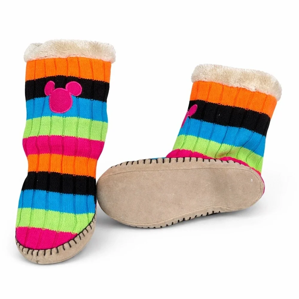 Disney Mickey Mouse Slipper Boots Kids‎ Large XL Striped Knit Faux Fur Lined